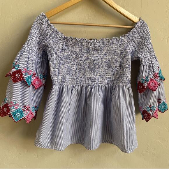 LOFT Off The Shoulder Blue Stripe Floral Embroidered Top - Picture 3 of 6